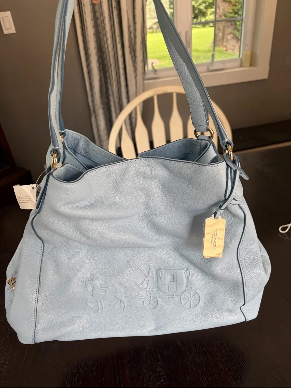 Coach Light Blue Pebble Leather Shoulder Bag with Embossed Horse & Carriage